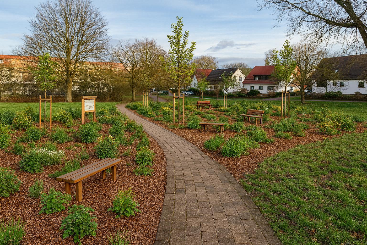 Urbaner Waldgarten mit Sitzbereich und vielfältiger Bepflanzung.