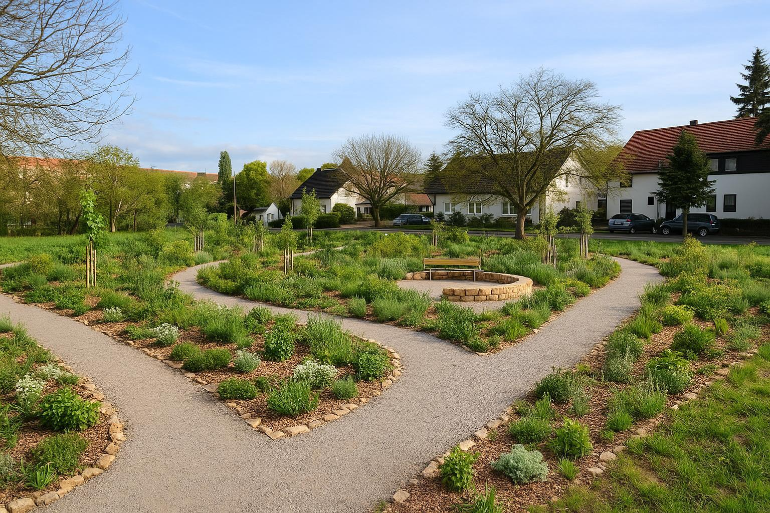 Waldgarten mit Obstbäumen, Beeren und Stauden entlang eines Weges.